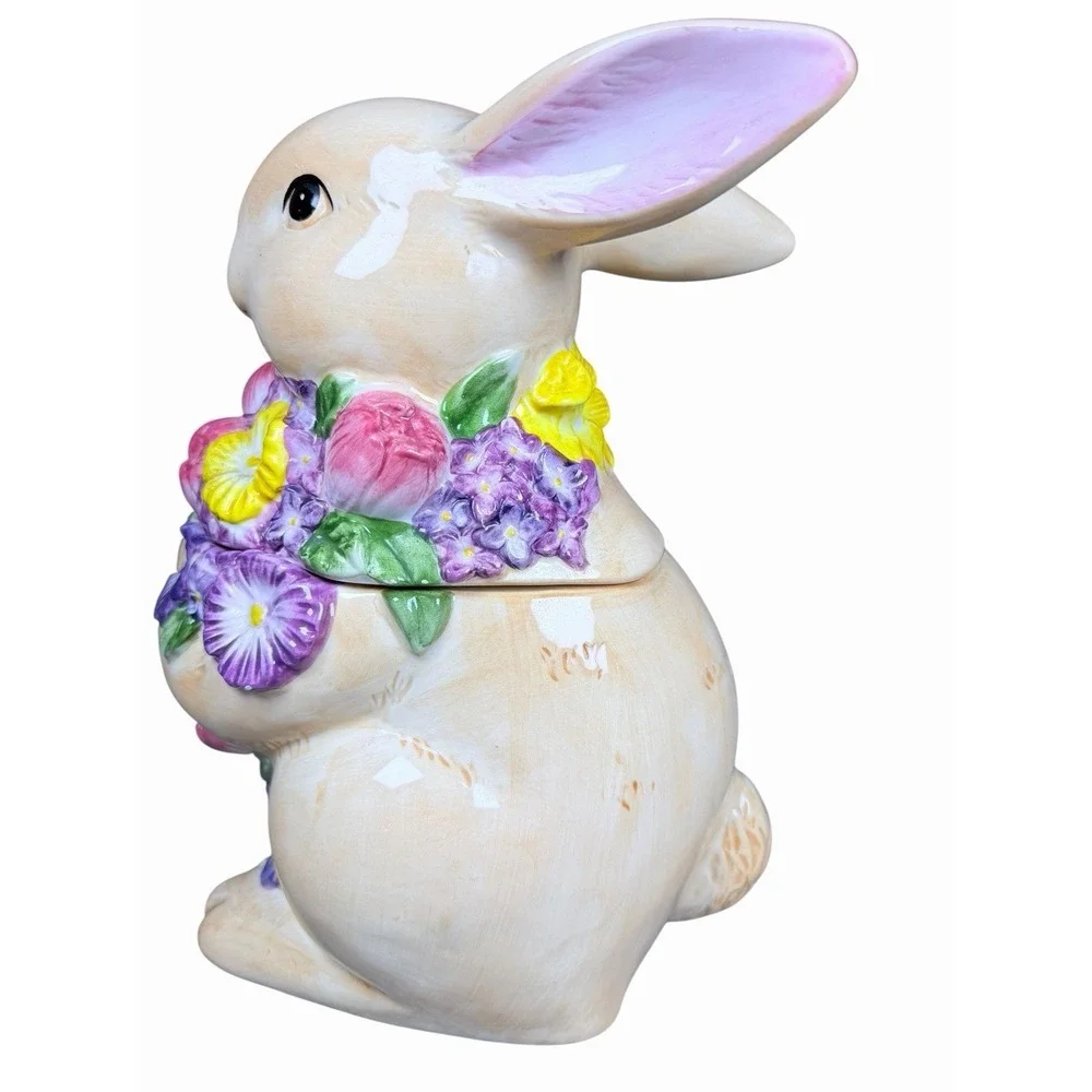 Harry & David Easter Bunny Cookie Jar Floral Rabbit Ceramic Canister Spring